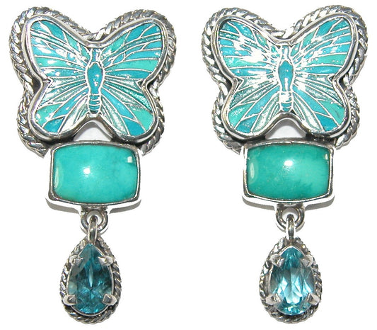 Blue Topaz and Turquoise Dragonfly Hand Enamel Sterling Silver Stud Earrings