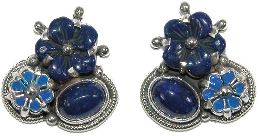 Lapis Blue Hand Painted Enamel Flower Cluster Sterling Silver Earring