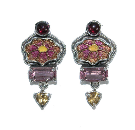 31211 Garnet Citrine Glass Flower Sterling Silver Earrings