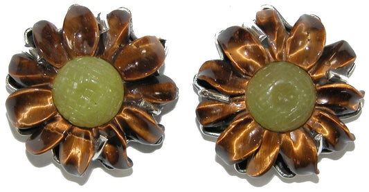 31215 Carved Tiger Eye Flower Serpentine Jade Sterling Silver Earring