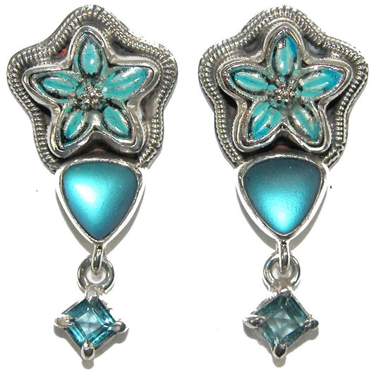 Hand Painted Enamel Blue Flower Topaz Sterling Silver Earring