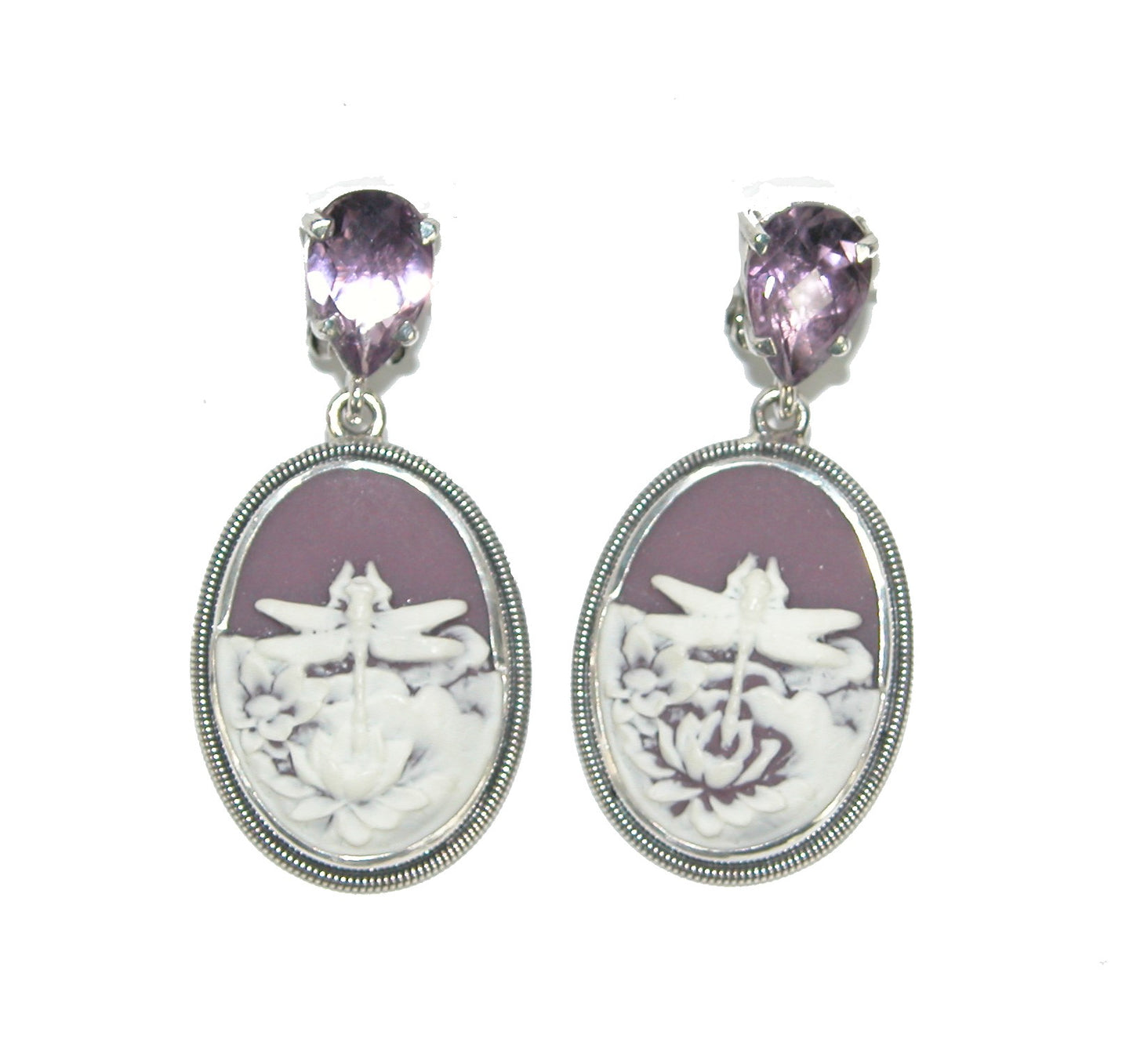 31222 Hand Etched Dragonfly Cameo Sterling Silver Earrings