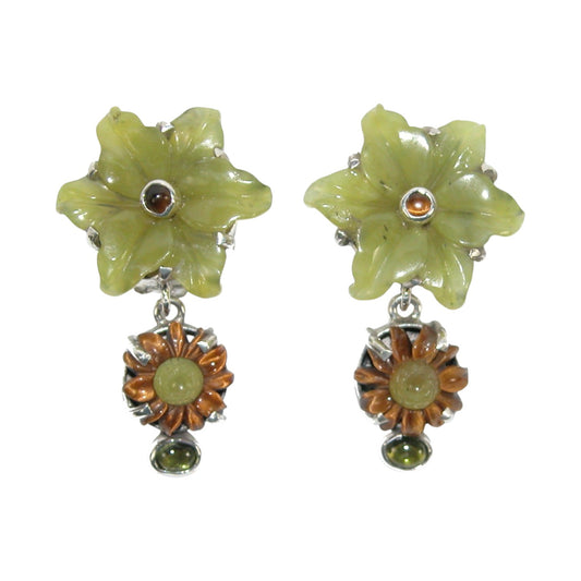 Carved Flower Tigers Eye Sterling Silver Earrings