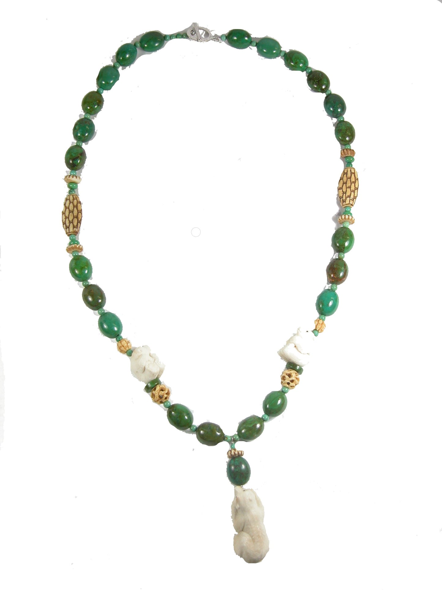 31227 Turquoise, Carved Bone, Sterling Silver Necklace