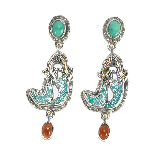 31248 Hand Painted Enamel Mermaid Turquoise Sterling Silver Earring