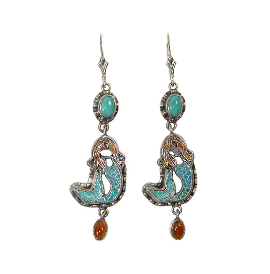 31248L Hand Painted Enamel Mermaid Turquoise Sterling Silver Earring