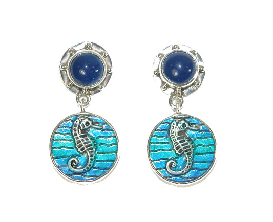 31249C Blue Lapis, Hand Enameling Seahorse Sterling Silver Dangle Earrings