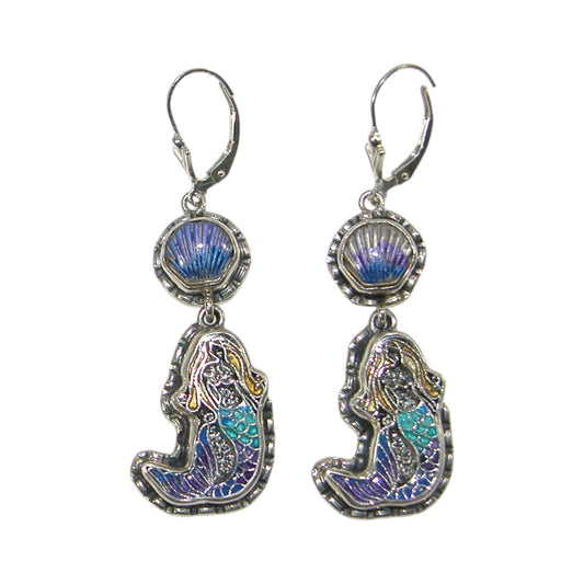 Hand Painted Purple Enamel Mermaid Seashell Sterling Silver Earrings