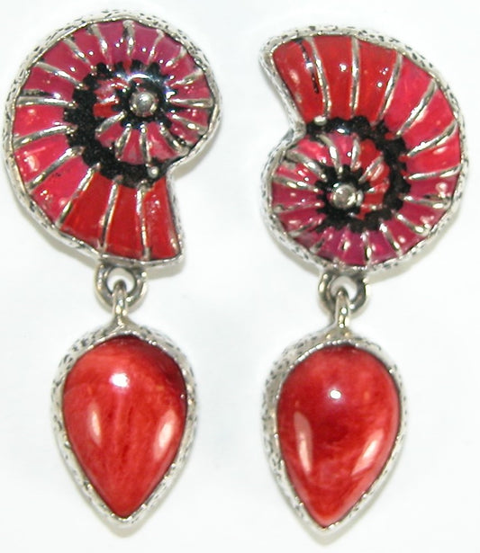 Spiny Oyster Hand Painted Red Enamel Shell Sterling Silver Earring