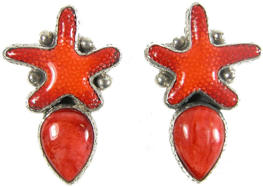 31262 Spiny Oyster Red Enamel Star Fish Sterling Silver Earring
