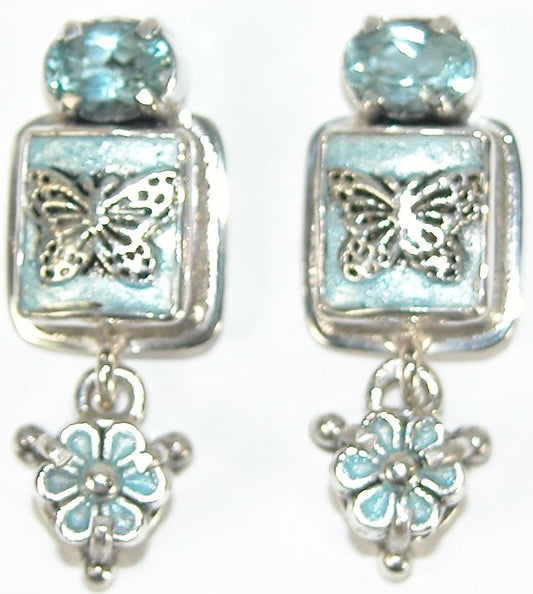 31264 Blue Topaz Blue Enamel Butterfly Flower Sterling Silver Earring