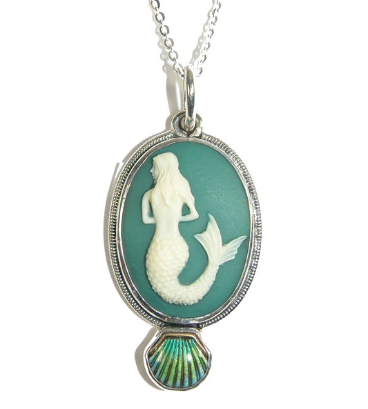 31266 Hand Etched Mermaid Cameo, Hand Enameling Seashell Sterling Silver Necklace
