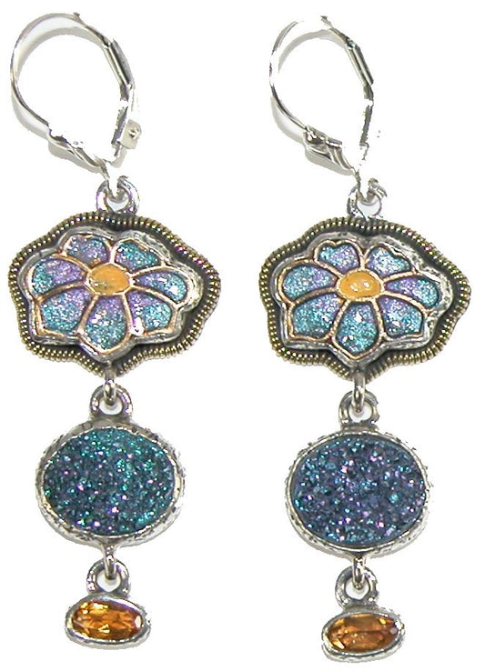 Citrine Drusy Enamel Flower Sterling Silver Earrings