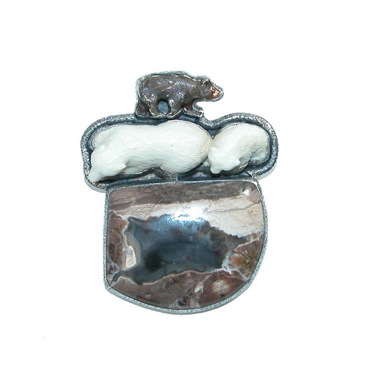 Carved Naturally Shed Antler Peanut Wood Enamel Bear Sterling Silver Pin/Pendant