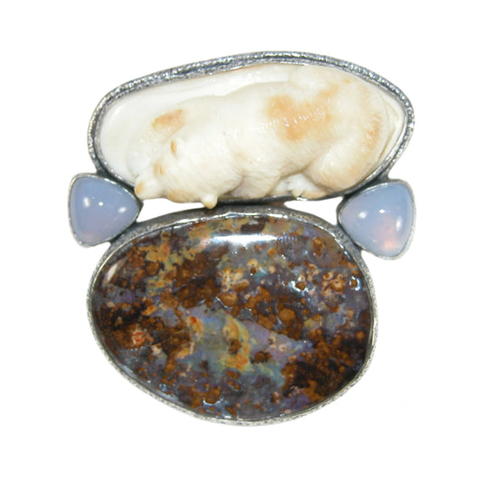 31274 Hand Carved Fossil Ivory Bear, Boulder Opal Sterling Silver Pin and Pendant