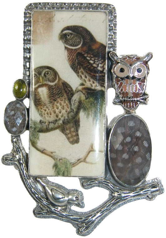 Handmade Owl Tile Guinea Fowl Feather Sterling Silver Pin Pendant