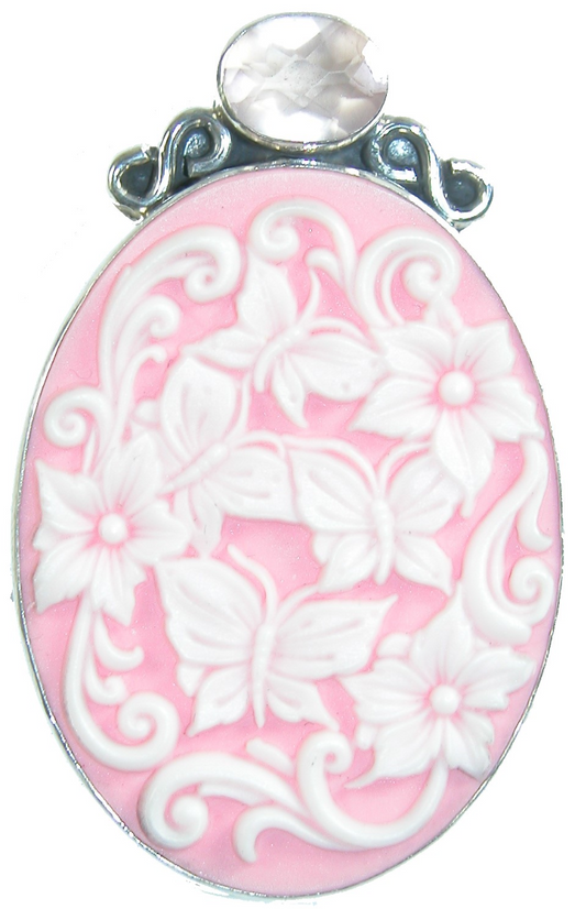 Pink Etched Flower Cameo Rose Quartz Sterling Silver Pin Pendant