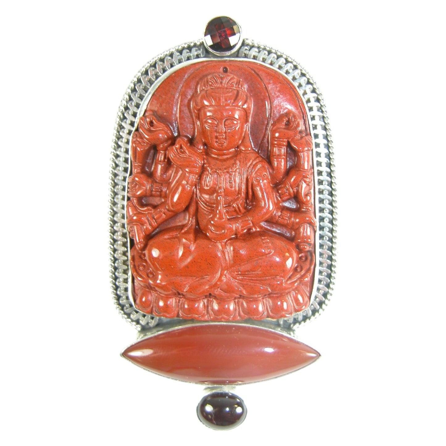 31290 Carved Carnelian Buddha, Garnet, Jasper Sterling Silver Pin and Pendant