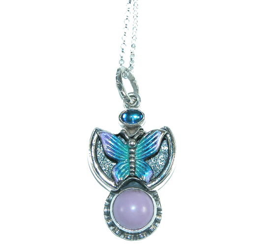 31296 Phosphosiderite, Hand Enameling Butterfly Sterling Silver Necklace
