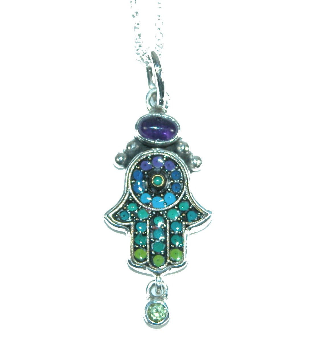 Amethyst Peridot Enamel Hamsa Pendant Necklace