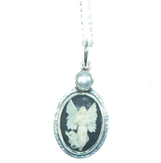 31298 Etched Cameo, Freshwater Pearl Sterling Silver Necklace