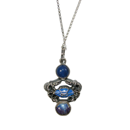 31299 Hand Enameling Crab Blue Lapis Sterling Silver Necklace