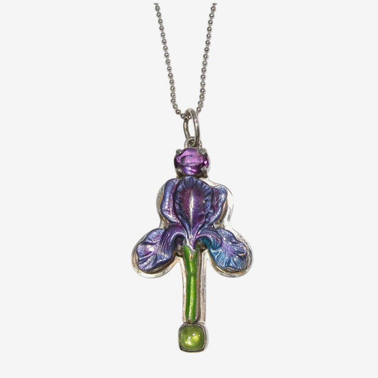 31306A Hand-Enameled Purple Iris, Amethyst, Peridot Necklace