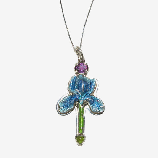 31306C Hand-Enameled Blue Iris, Amethyst, Vesuvianite Necklace
