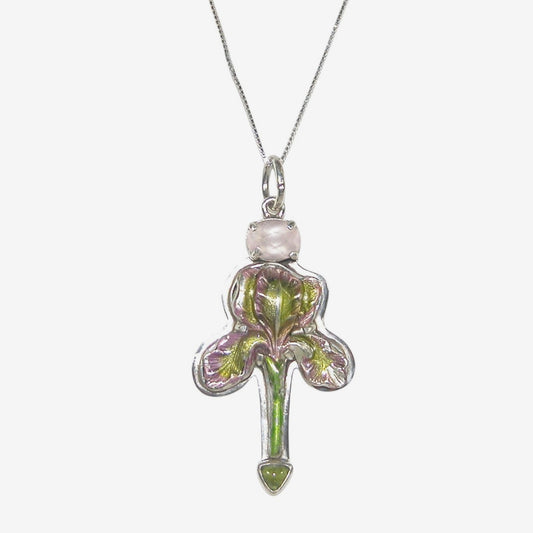 31306D Hand-Enameled Pink Iris, Rose Quartz, Peridot Necklace