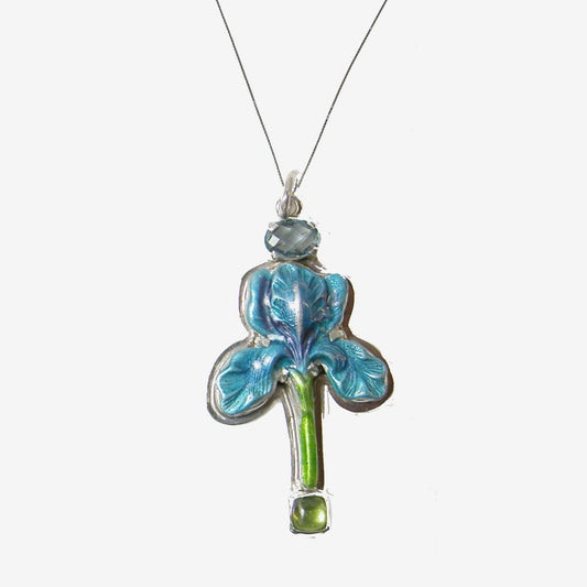31306E Hand-Enameled Blue Iris, Blue Topaz, Peridot Necklace