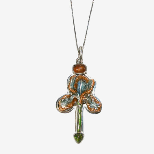 31306F Hand-Enameled Rust Iris, Cognac Topaz, Vesuvianite Necklace