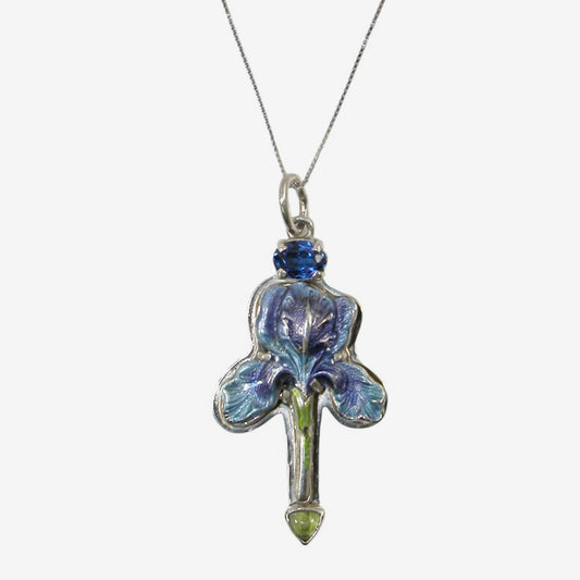 31306G Hand-Enameled Blue Iris, Aquamarine, Vesuvianite Necklace