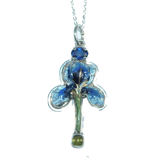Hand Painted Enamel Blue Iris Vesuvianite Sterling Silver Pendant Necklace