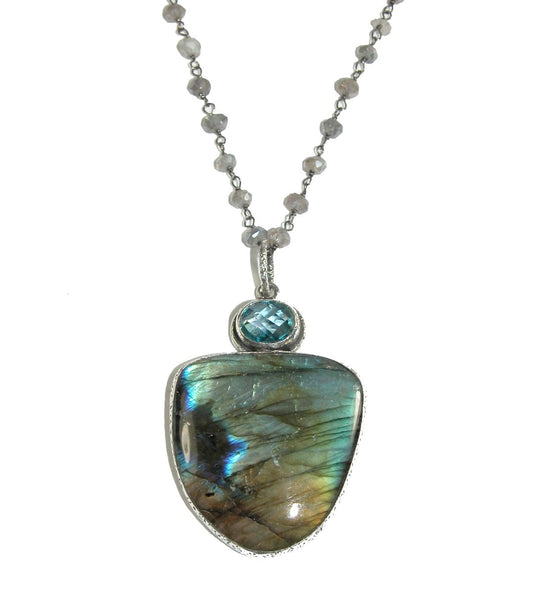 Labradorite Blue Celestial Quartz Sterling Silver Pendant Necklace