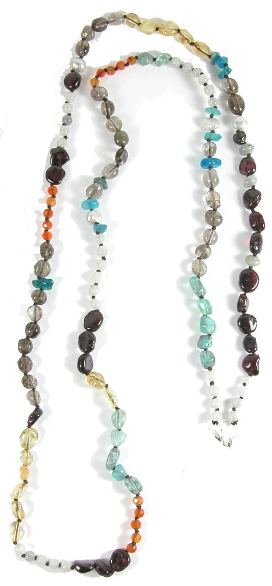 Apatite Citrine Pearl Carnelian Knotted Long Sterling Silver Necklace