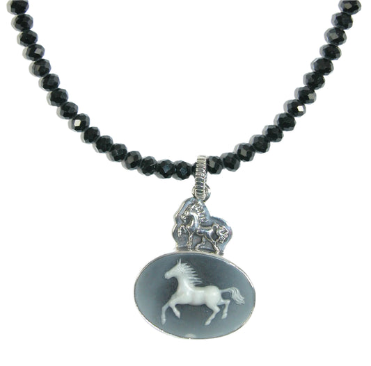 Horse Cameo Beaded Sterling Silver Necklace and Pendant