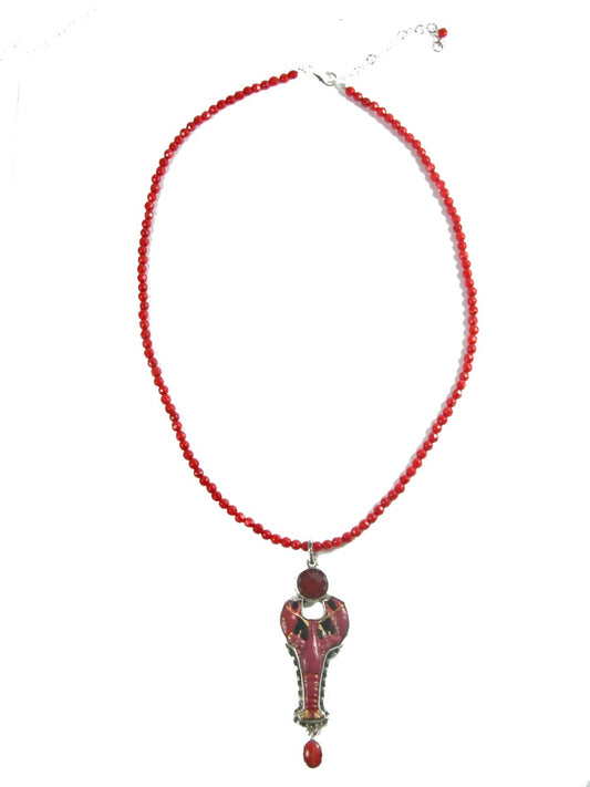 Coral Red Enamel Lobster Sterling Silver Pendant Necklace