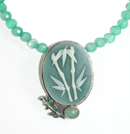 31319 Hand Etched Bamboo Cameo Pendant on Quartz Necklace
