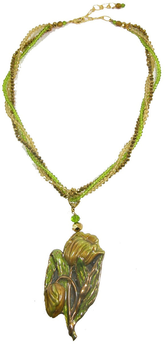 Hand Enamel and Crystal Tulip Pendant Beaded Necklace