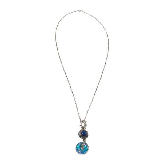 31339 Hand Enameling Seahorse Blue Lapis Sterling Silver Necklace