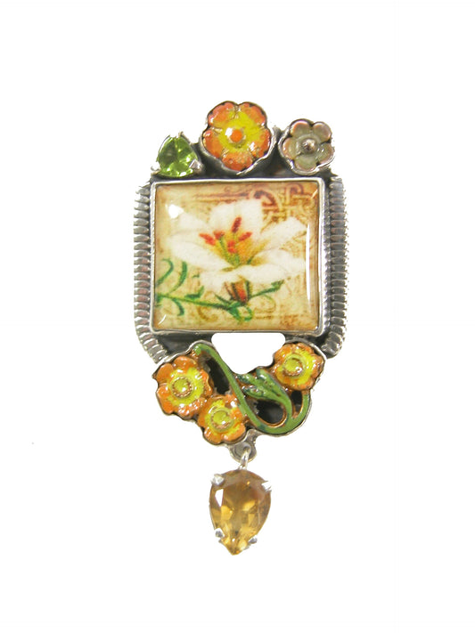 Citrine, Peridot Flower Tile Enameled Sterling Silver Pin and Pendant