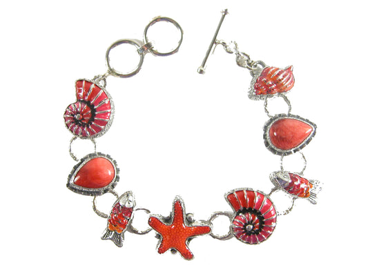Sea Life Red Enamel Sterling Silver Bracelet