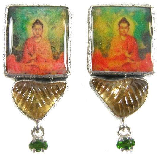 31348 Faceted Citrine Buddha Tile Chrome Diopside Sterling Silver Earring