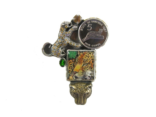 31352 Collectible Coin, Chrome Diopside, Citrine, Handmade Tile of Lepard Sterling Silver Pin and Pendant