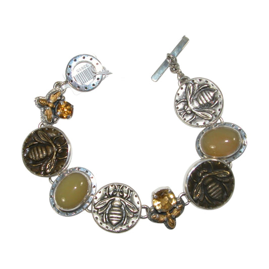 Citrine, Opal, Enamel Bee Coin Sterling Silver Bracelet