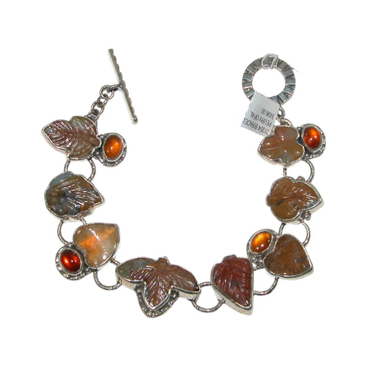 31354 Carved Peruvian Opal, Agate, Hessonite Leaf Sterling Silver Bracelet