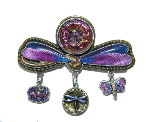 31357 Czech Glass Button Hand Enameled Dragonfly Lotus Sterling Silver Earrings