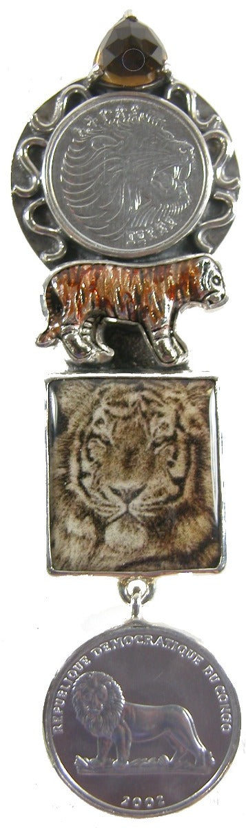 31359 Lion Coin Cognac Topaz Sterling Silver Pin Pendant