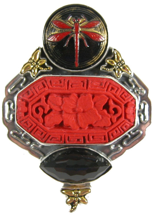31366 Hand Carved Red Cinnabar Czech Glass Dragonfly Sterling Silver Pin Pendant