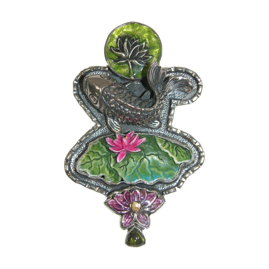 Koi Fish Lotus Sterling Silver Pin and Pendant
